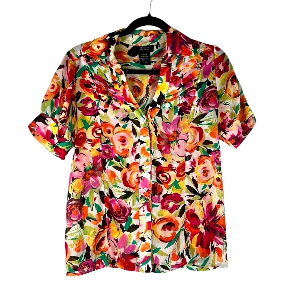 Allison Morgan Floral Multi-Colored Summer Sheer Short Sleeve Top Size Medium